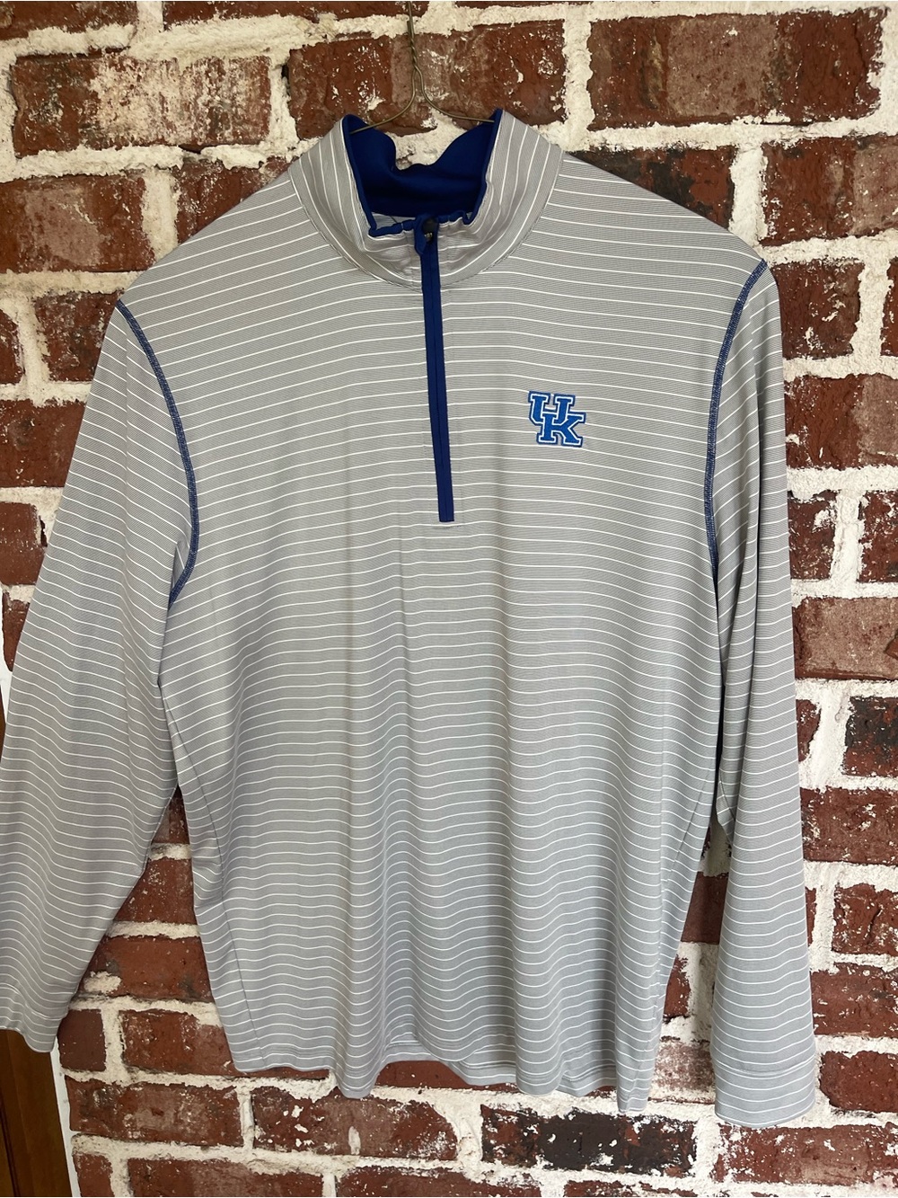Cutter & Buck Light Gray Striped Quarter-Zip with Blue Trim
